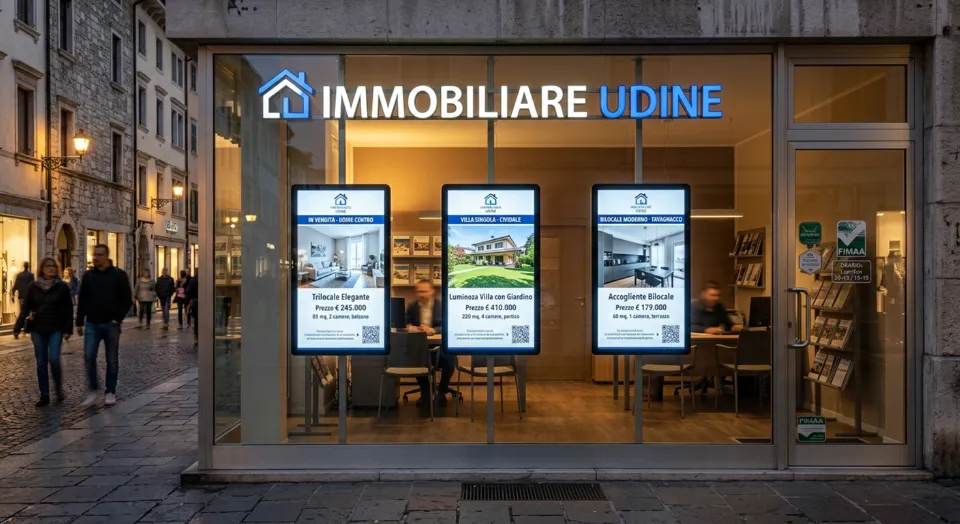 Monitor con gli annunci nella vetrina di un'agenzia immobiliare